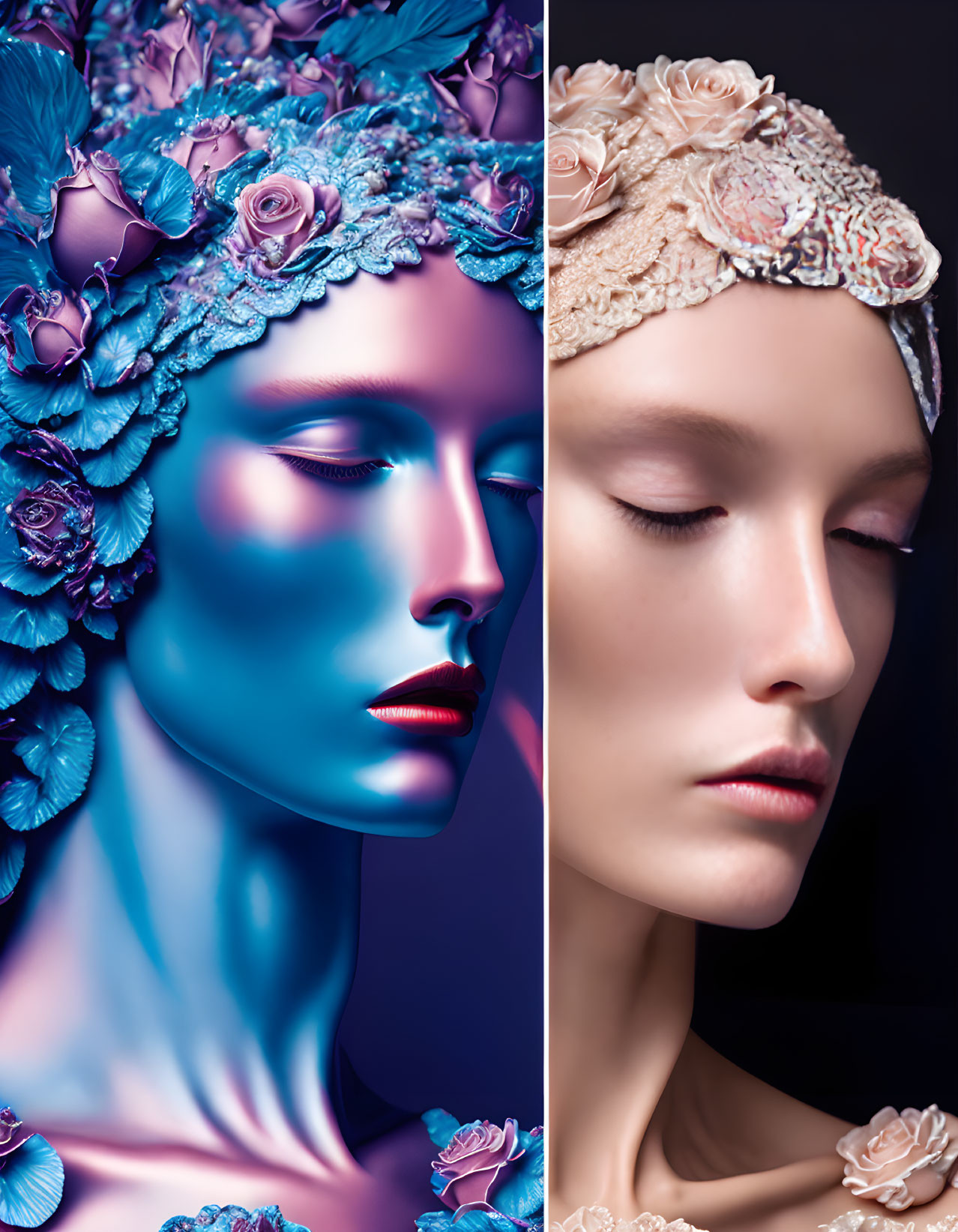 Artistic portraits of women in vibrant blue and pale hues with floral adornments.