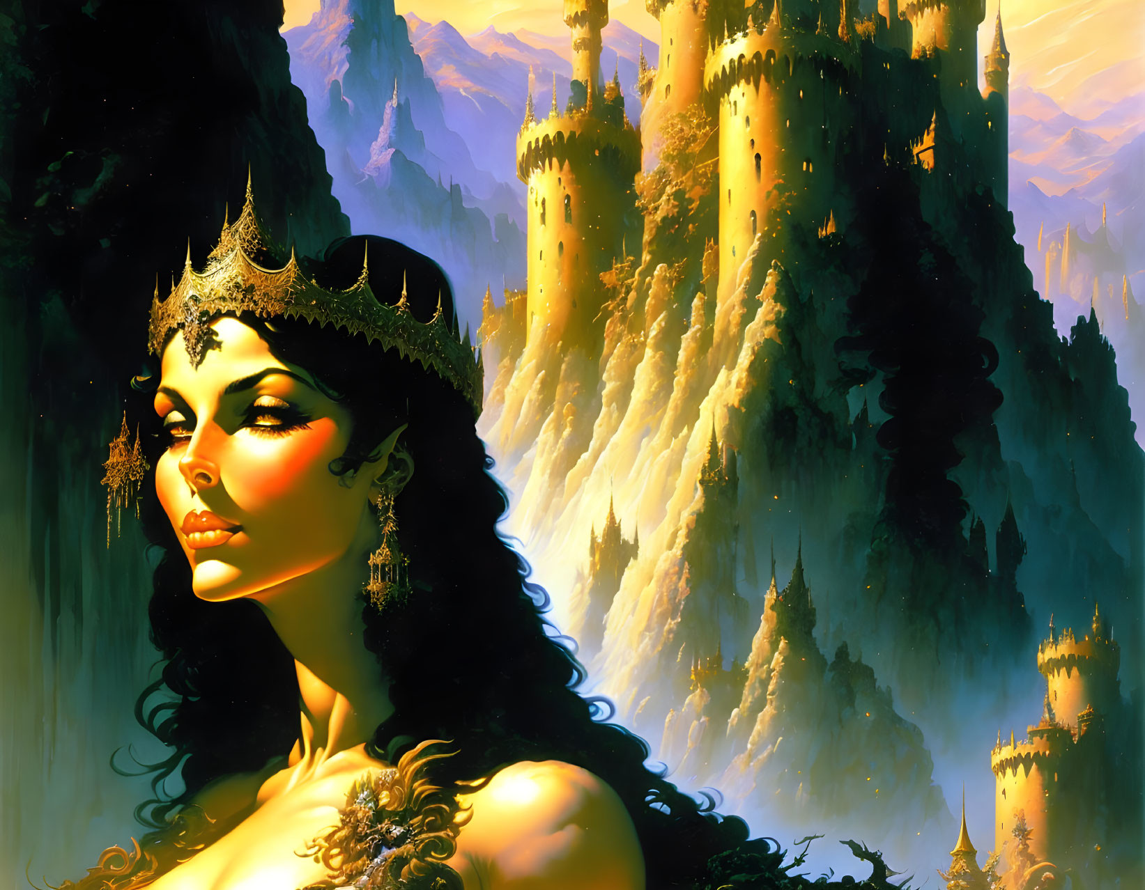 Fantasy queen with crown gazes at golden castle and mountains