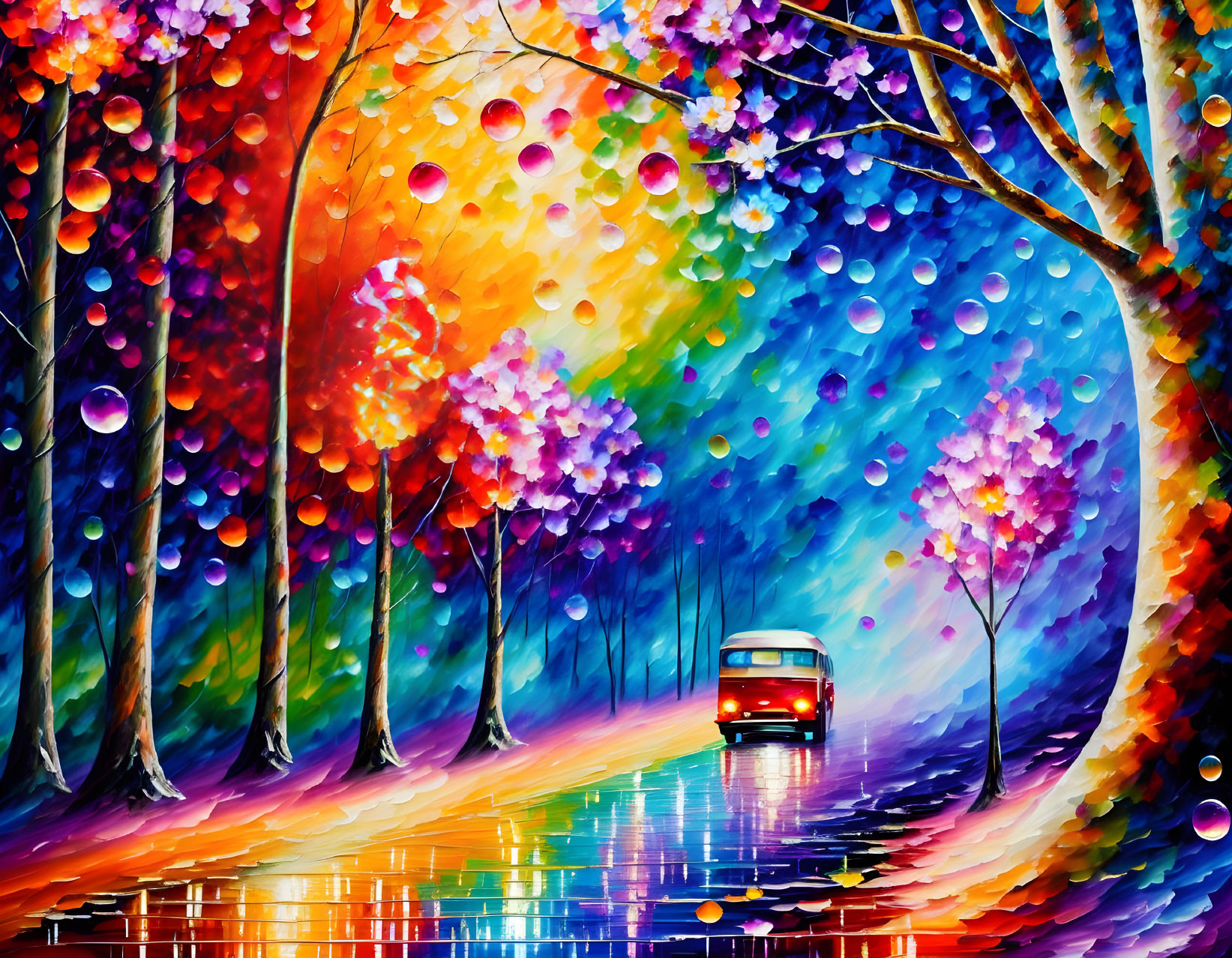 Colorful vehicle painting on reflective road with stylized trees and luminous orbs