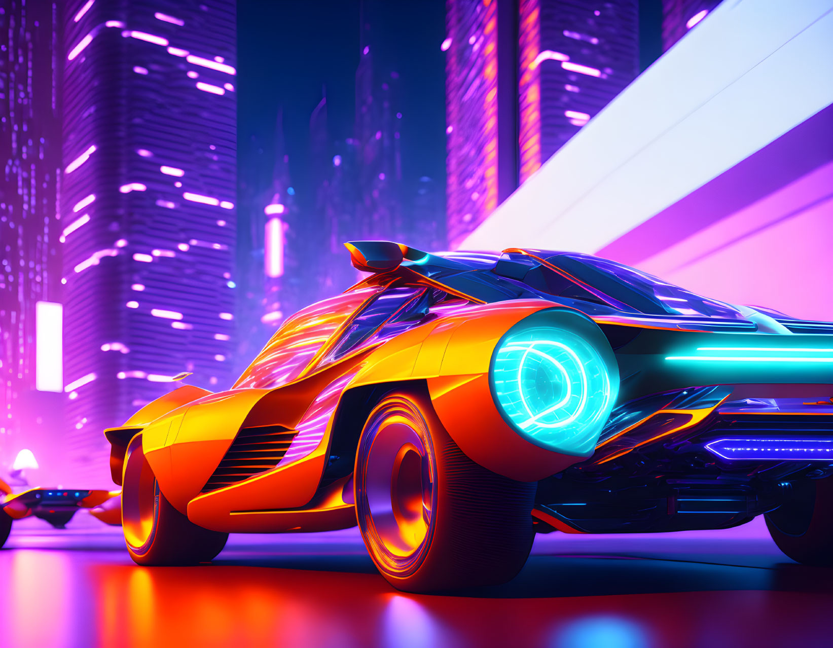 Futuristic Orange and Black Sports Car on Neon-Lit City Street