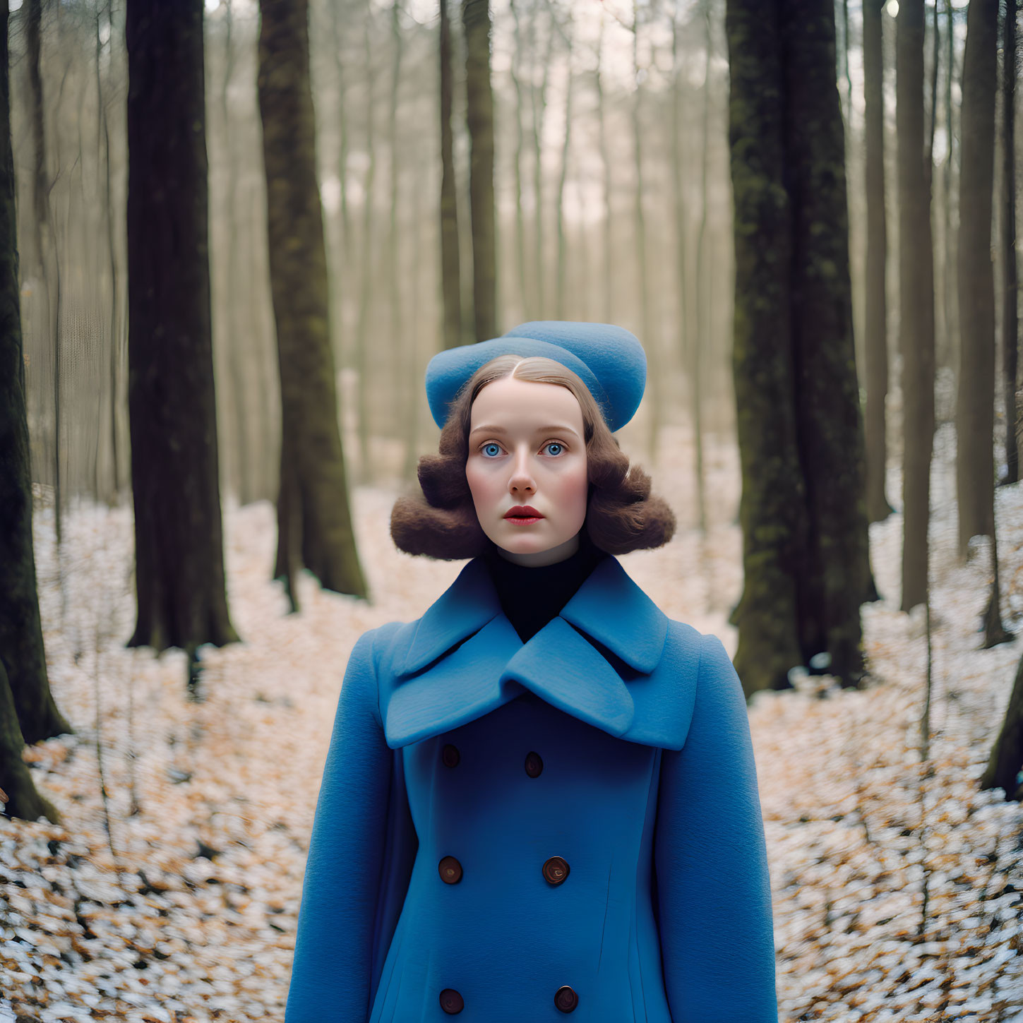 Woman in Vintage Blue Coat and Hat in Snowy Forest