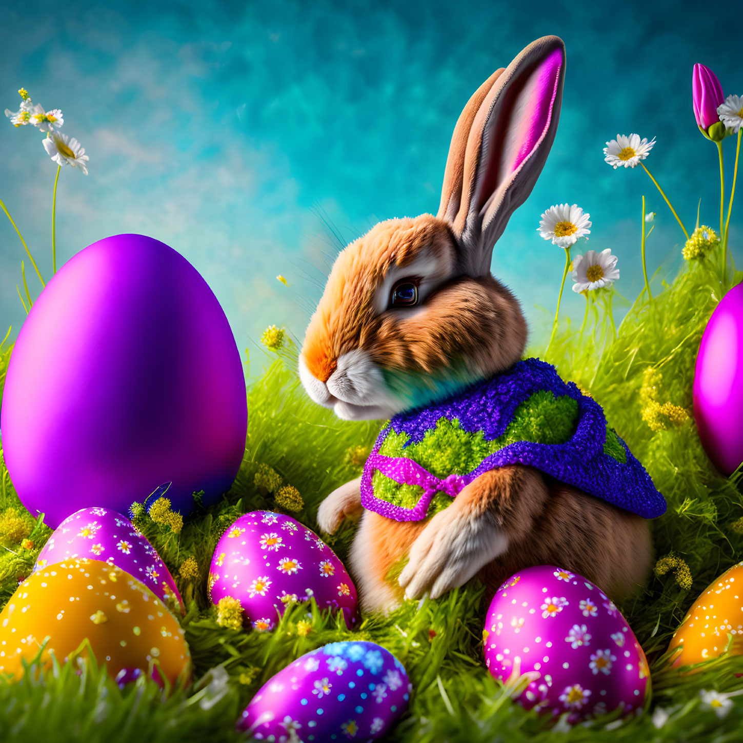 Colorful Easter Bunny in Purple Vest with Eggs and Flowers on Blue Sky