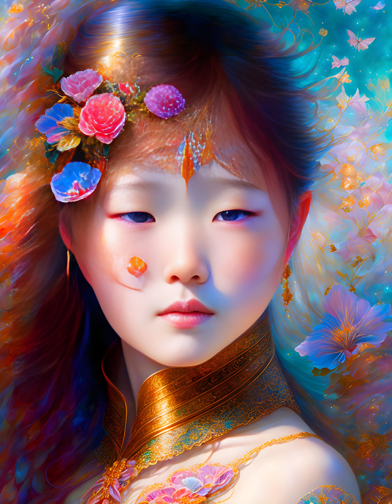 Colorful digital artwork: girl with flower hair, butterflies, golden attire