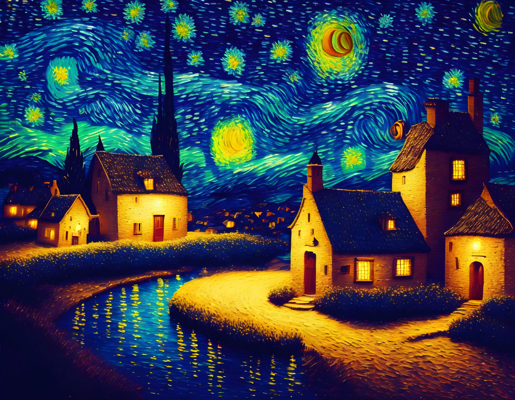 Starry night sky painting of village with river in blues and yellows