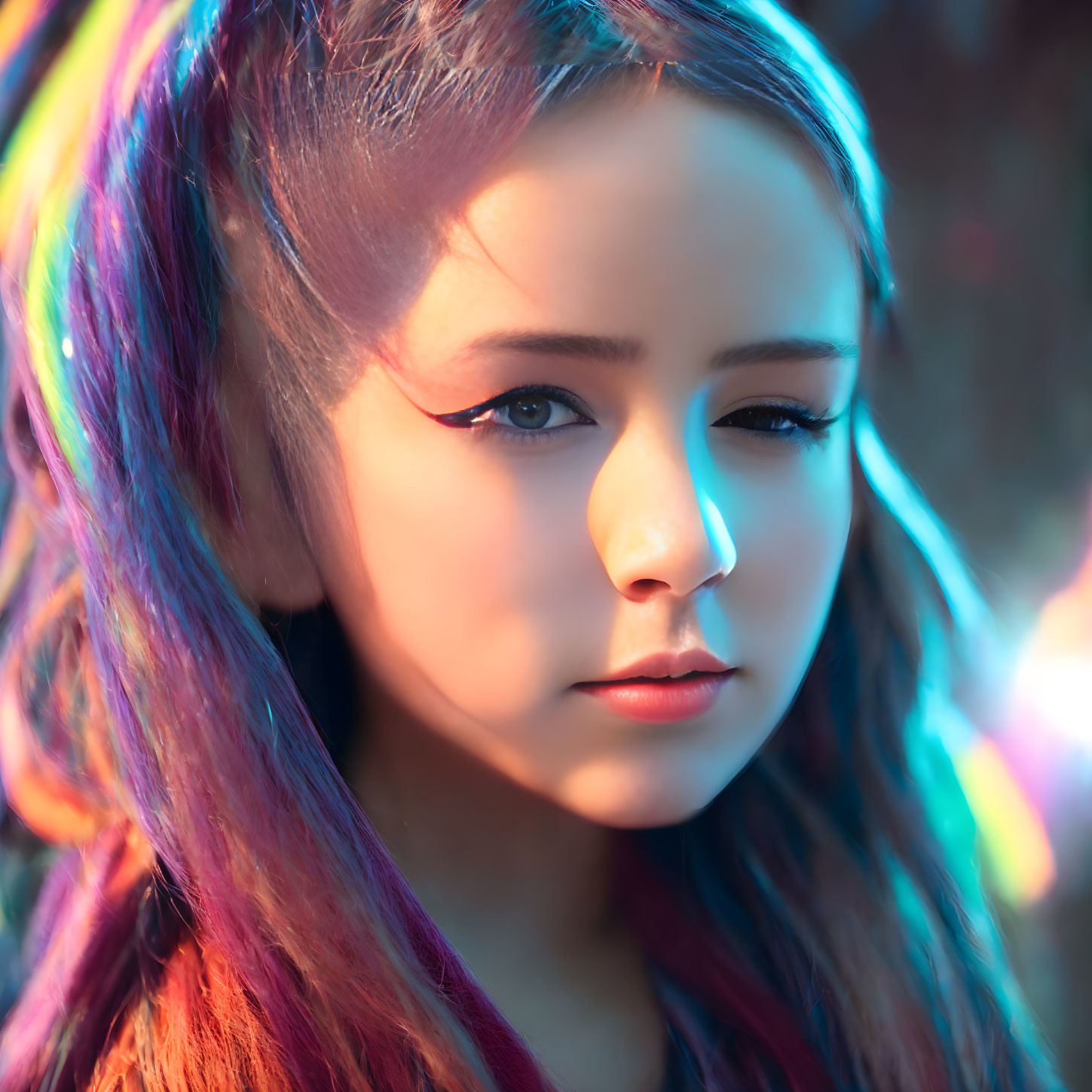 Vibrant Dyed Hair and Striking Makeup under Colorful Lighting