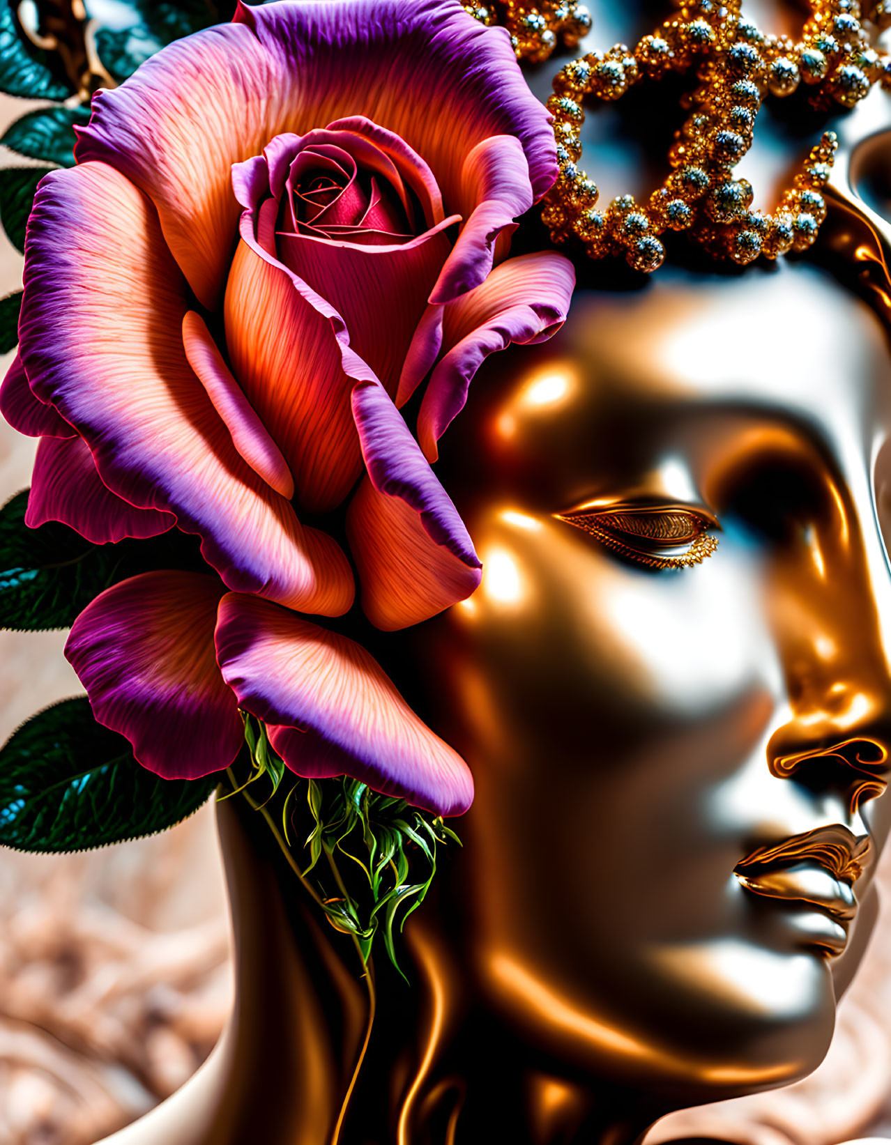 Golden face with closed eyes, pink rose, and bronze floral headpiece.