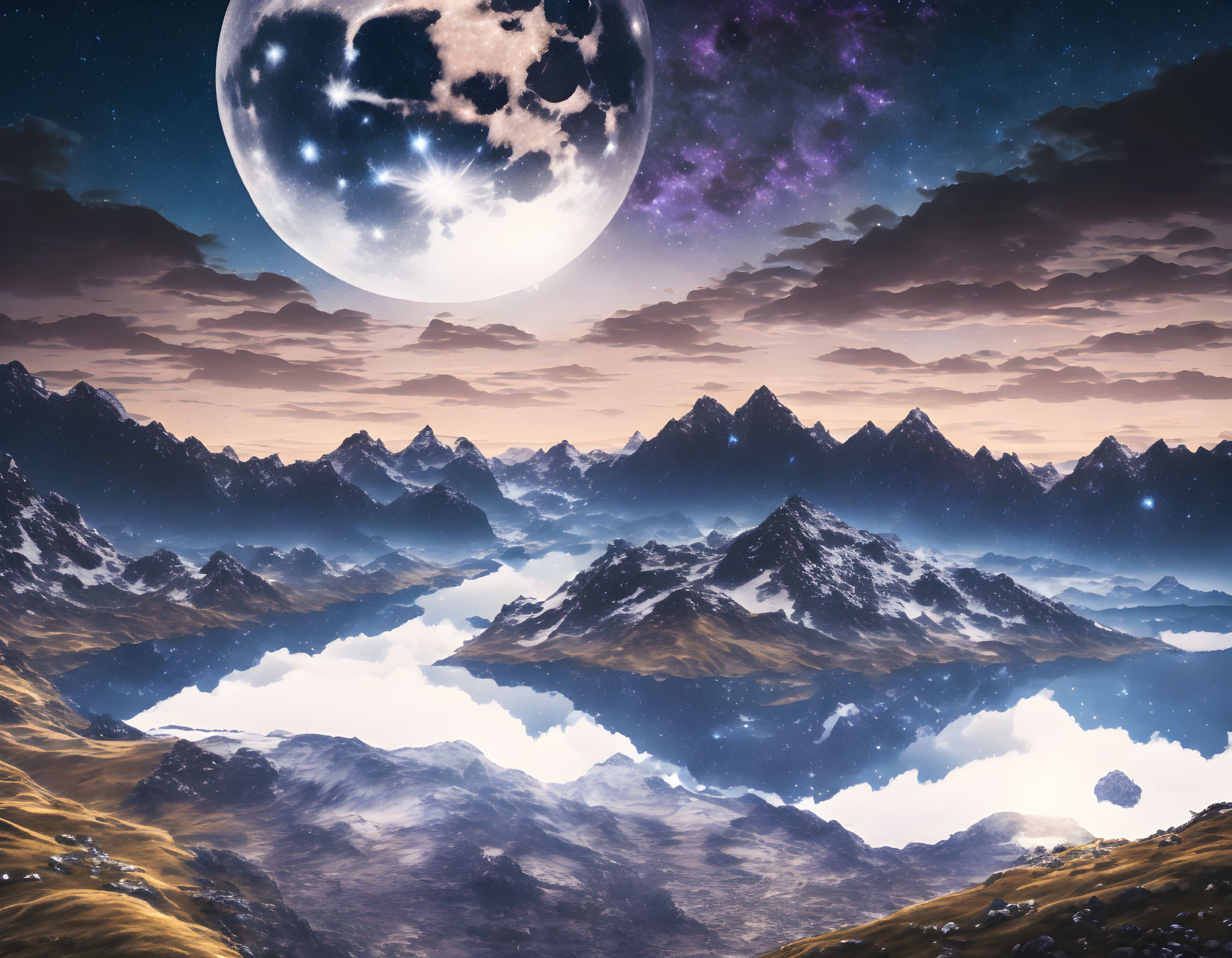 Fantasy landscape with towering mountains, reflective lake, large moon, and nebulae.