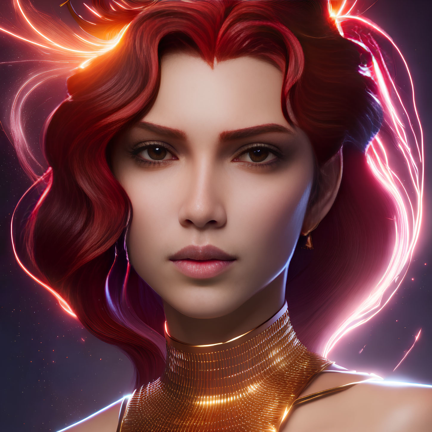 Red-haired woman with intense gaze and glowing light strands portrait.