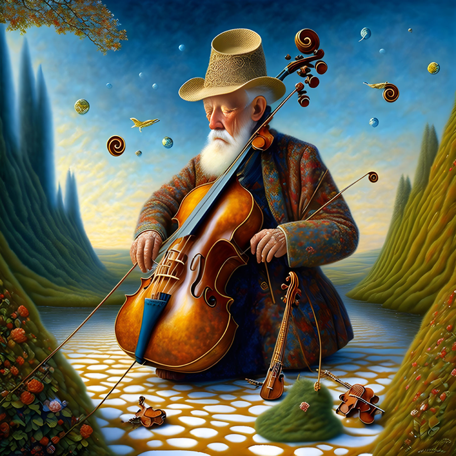 Elderly Man Playing Cello in Surreal Landscape