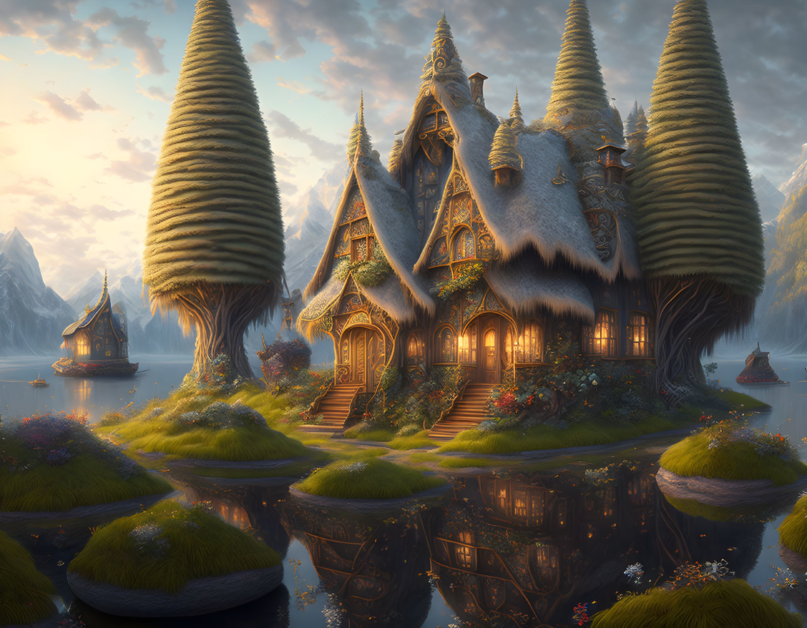 Fantasy landscape: Thatched-roof cottages, towering trees, tranquil river at dusk