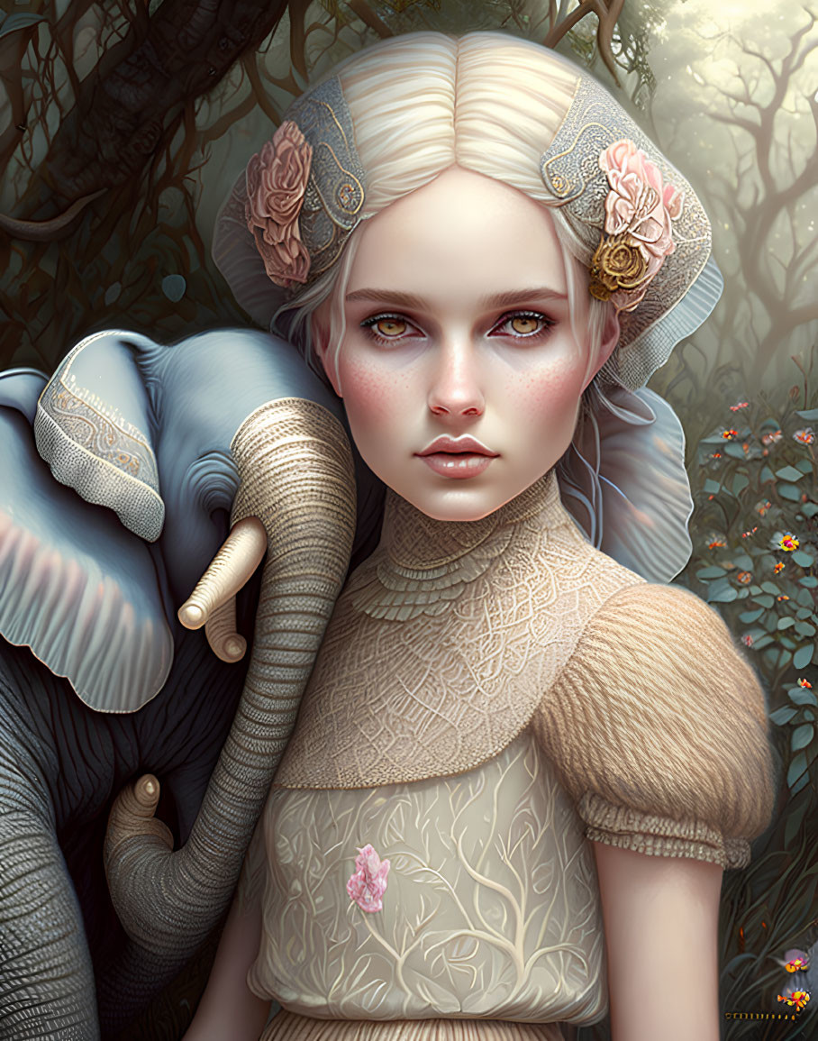 Digital artwork of woman with pale hair embraced by elephant against floral backdrop