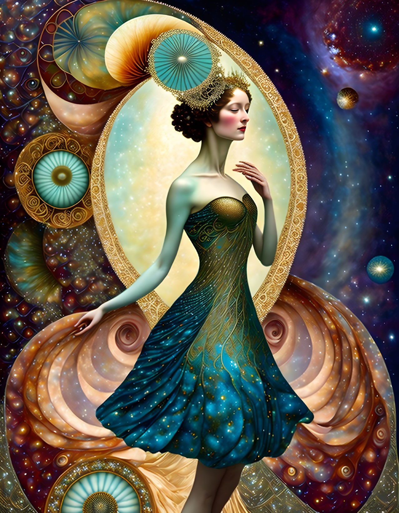 Ethereal woman in teal dress against cosmic background with nautilus shell patterns