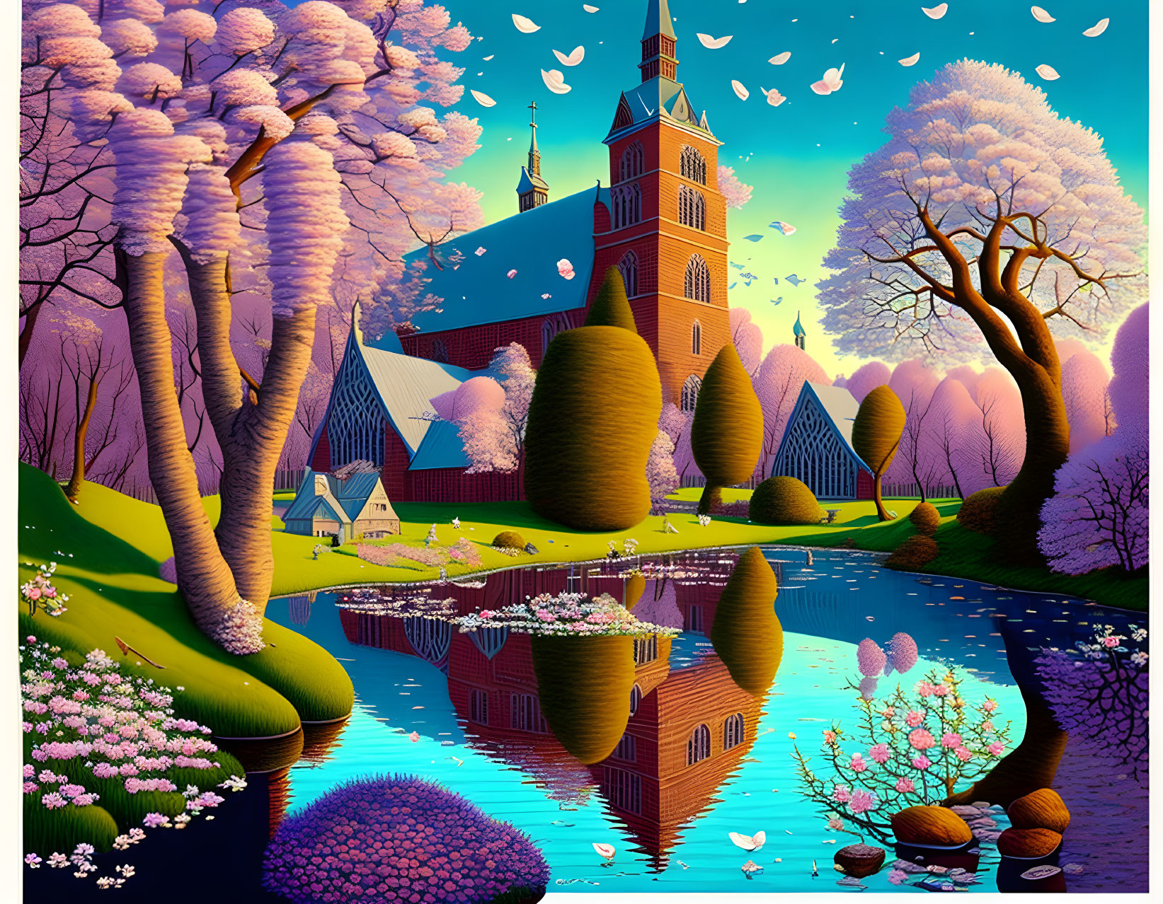 Colorful surreal landscape with church, blooming trees, and reflective lake