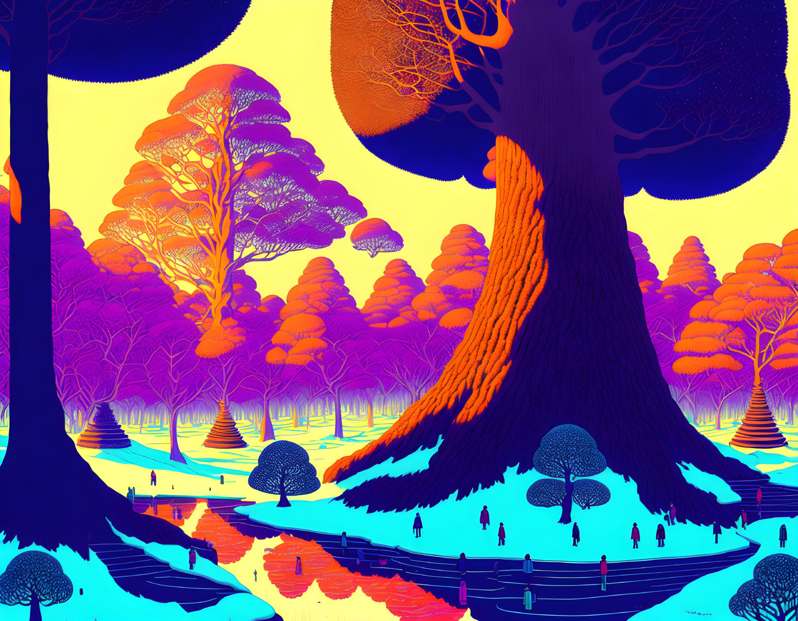 Surreal landscape with purple and orange hues, silhouetted figures, and massive trees reflected