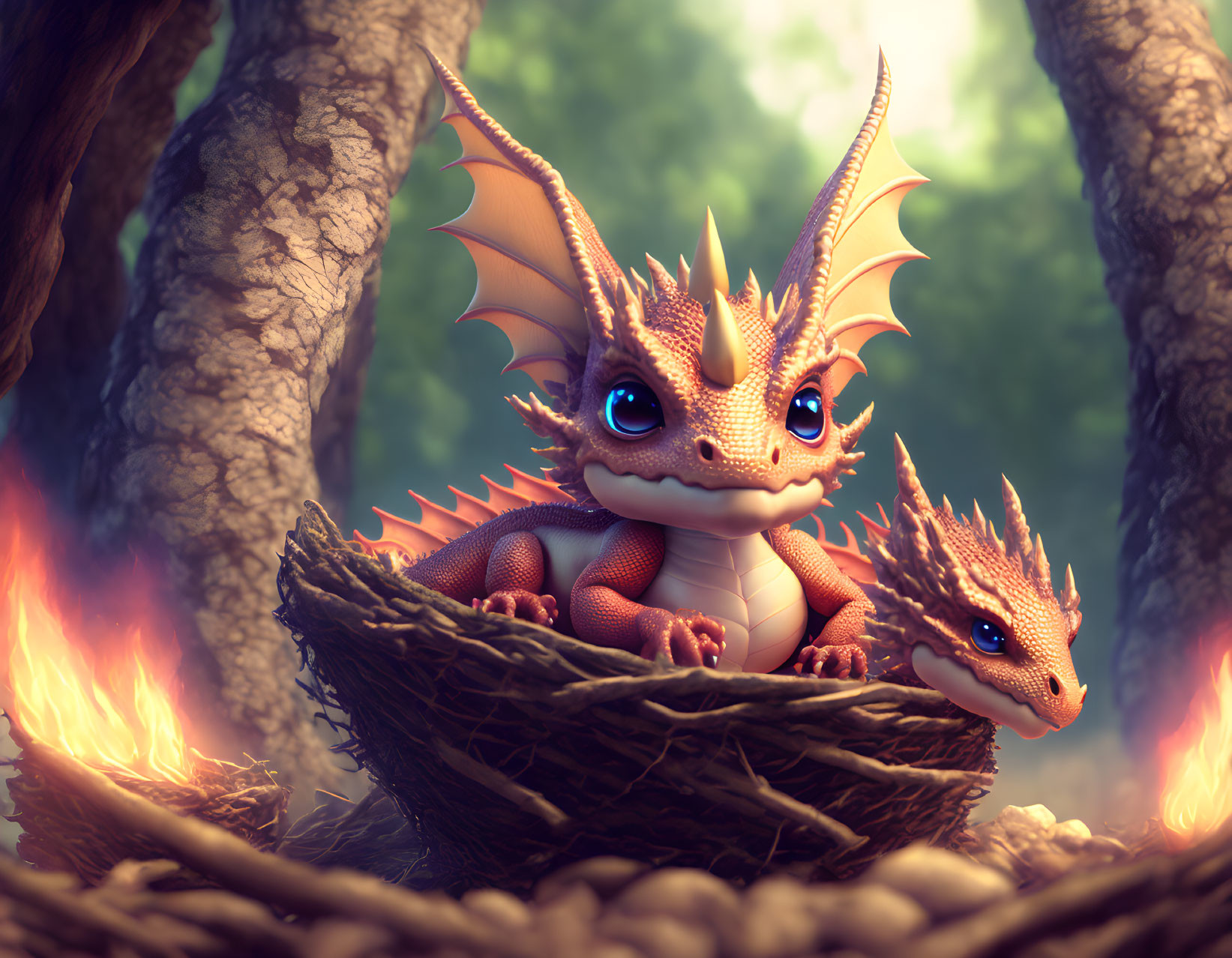 Animated dragons in nest with fires in forest setting.