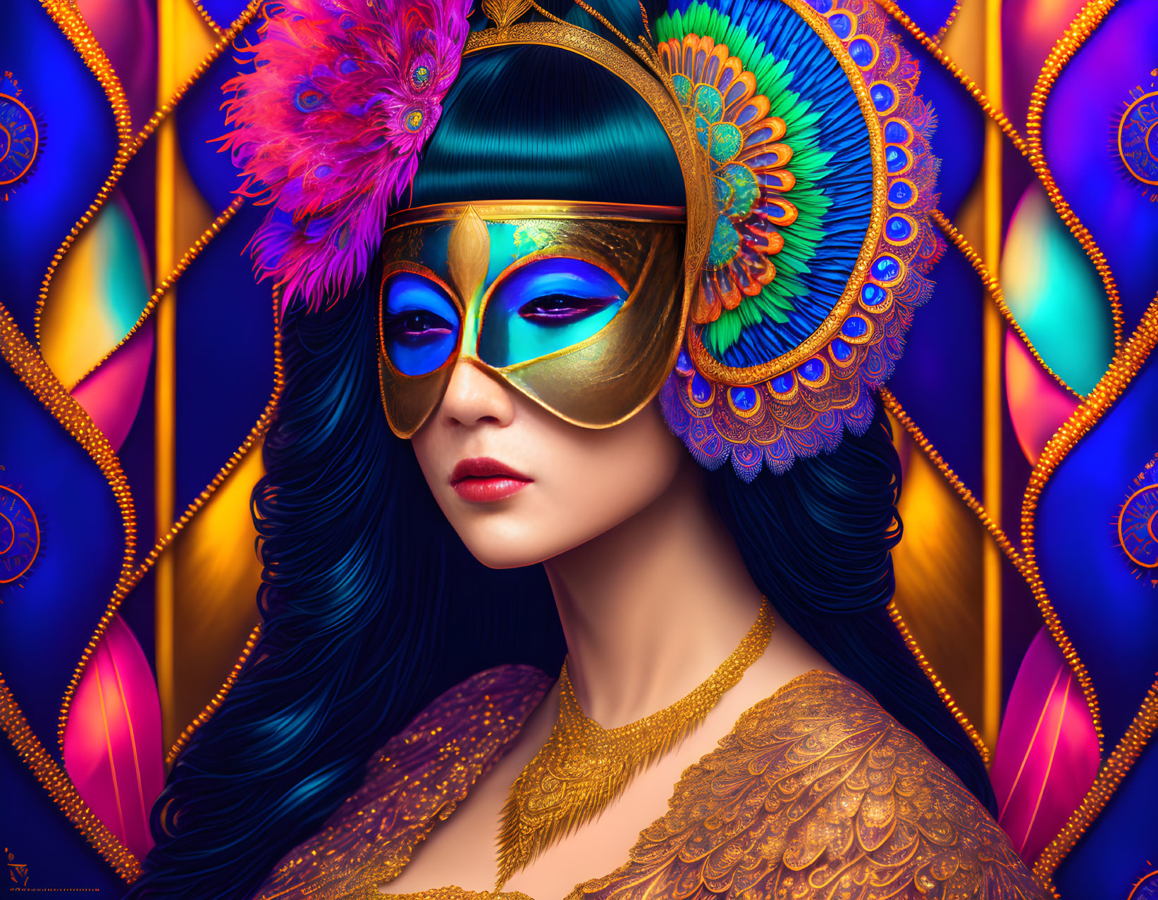 Digital artwork featuring woman with blue and gold makeup and ornate mask against vibrant background