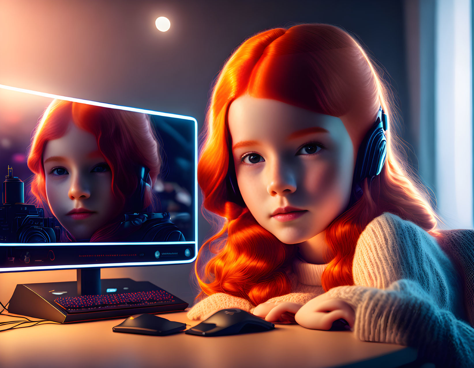 Red-haired girl with headphones in digital environment illuminated by computer screen