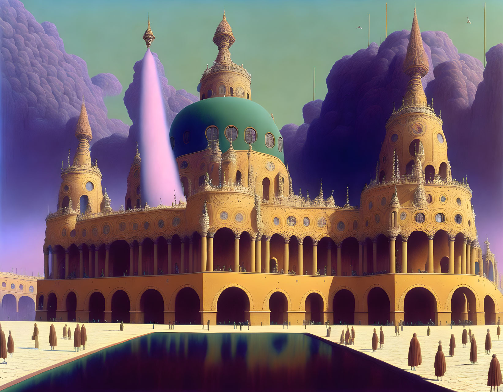 Golden palace with spires and domes reflected in water under purple sky