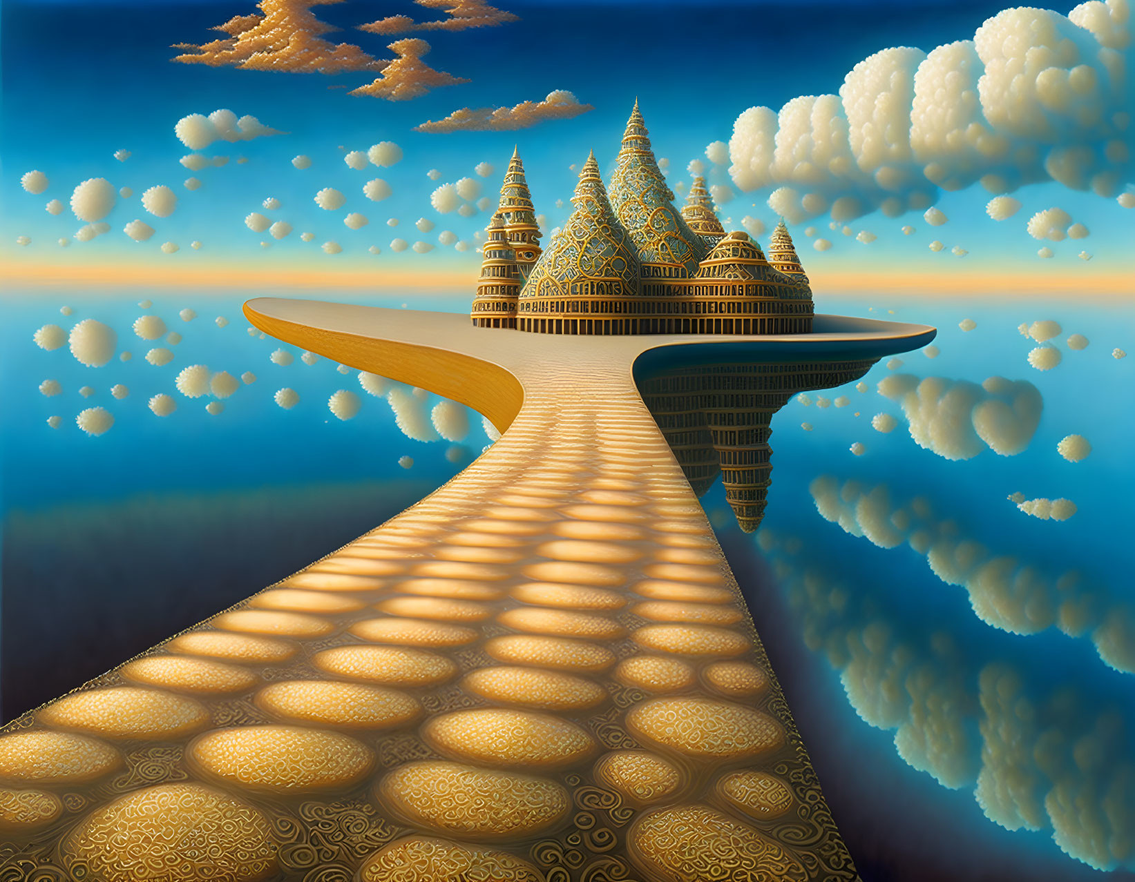 Surreal landscape with pathway to golden towers in clouds