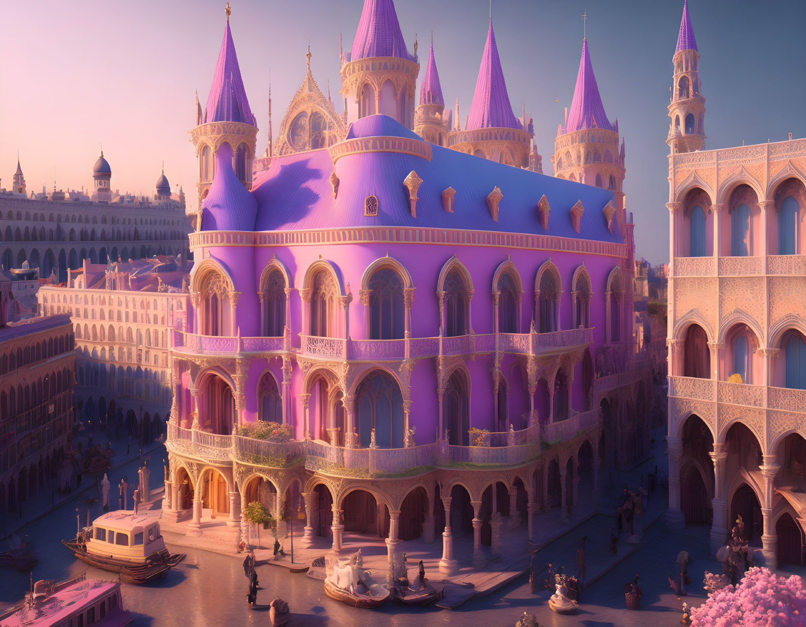 Pink and Purple Palace Overlooking Venice-Like Canal at Sunset