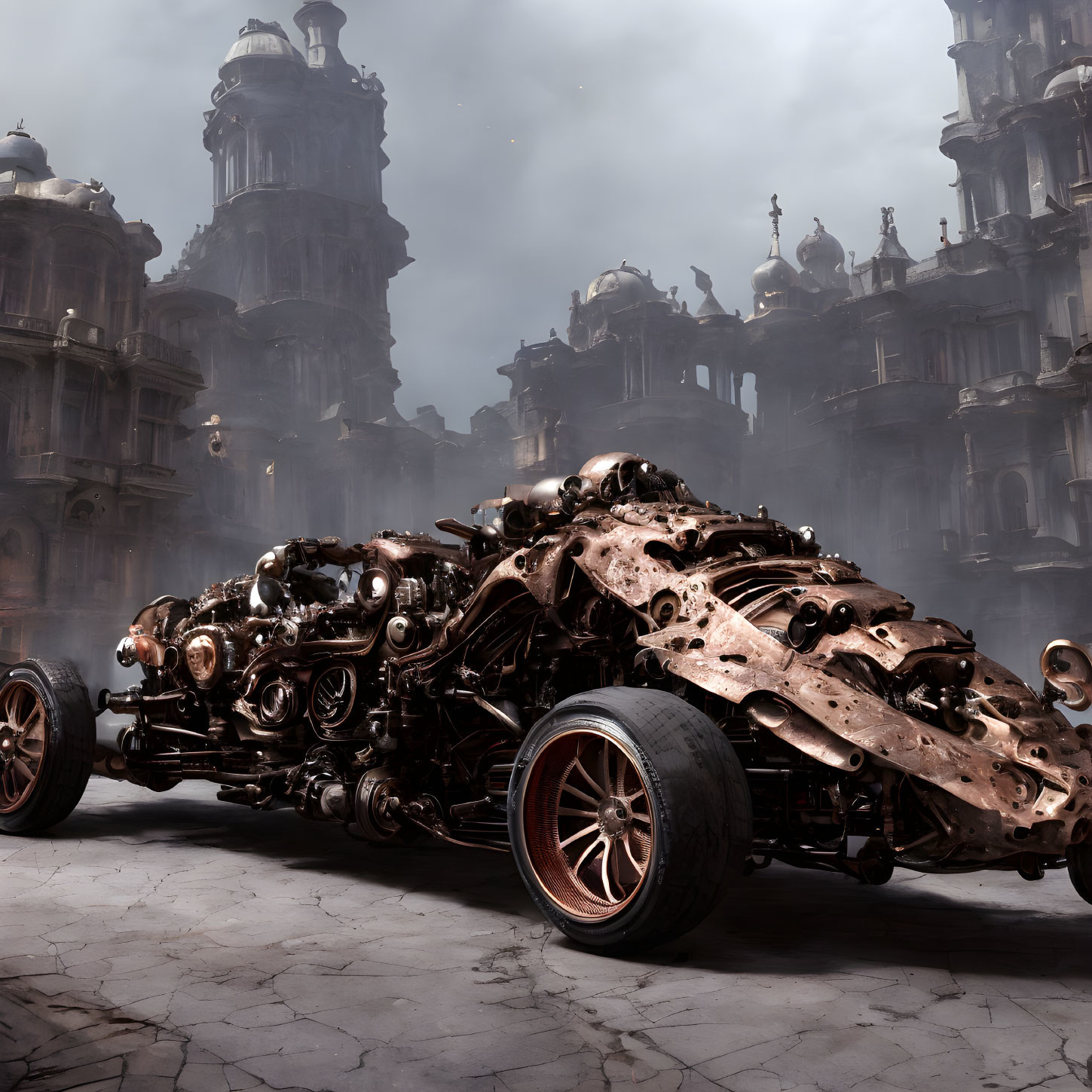 Steampunk-inspired vehicle with bronze machinery and large wheels against Gothic architecture