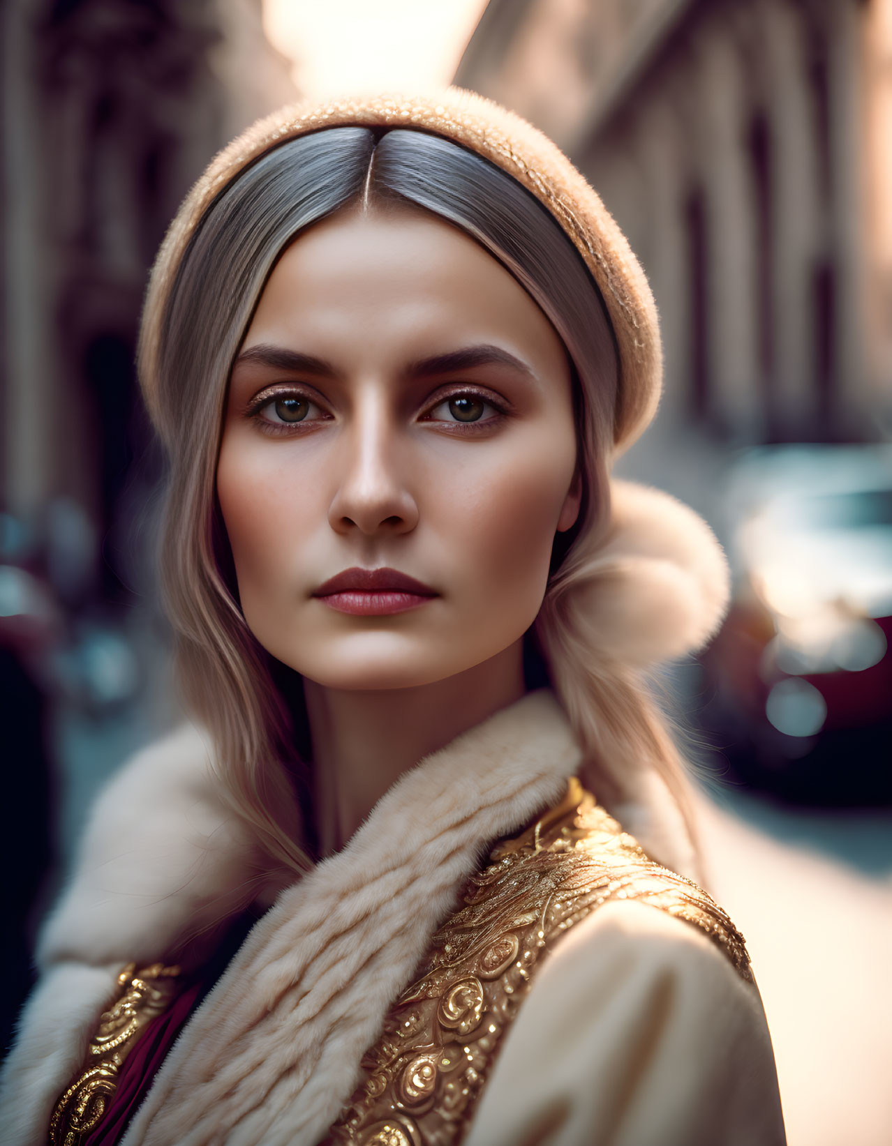 Portrait of woman with striking eyes in beige beret and fur-trim coat against urban backdrop