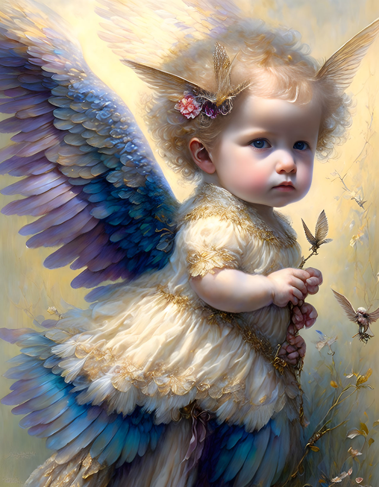 Cherubic child with intricate wings in nature setting