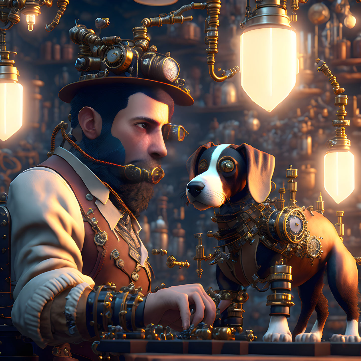 Steampunk-themed artwork featuring a bearded man and mechanical dog in a gear-filled setting