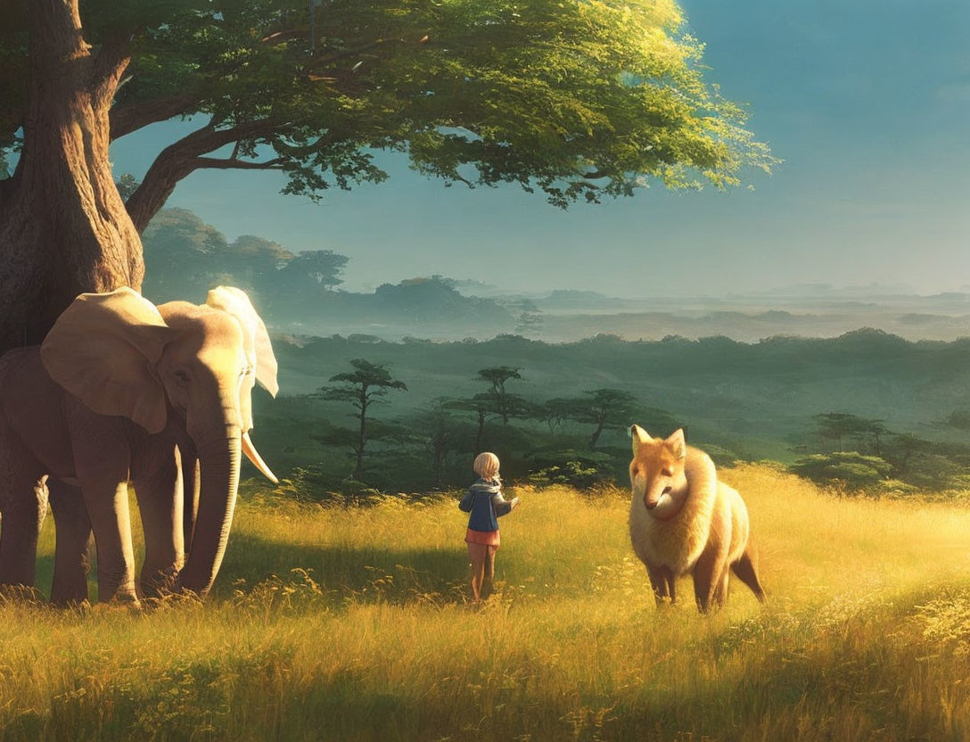 Child, elephant, and giant fox in sunny field with tree and distant forest.