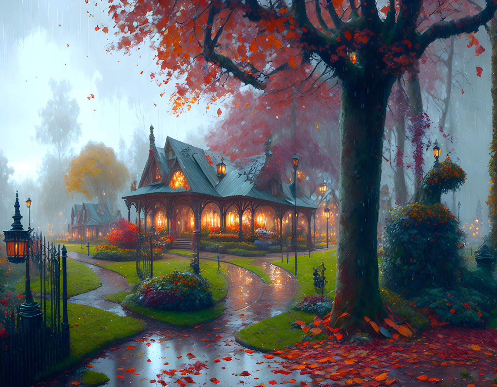 Cozy cottage in autumn forest with red leaves and gentle rain