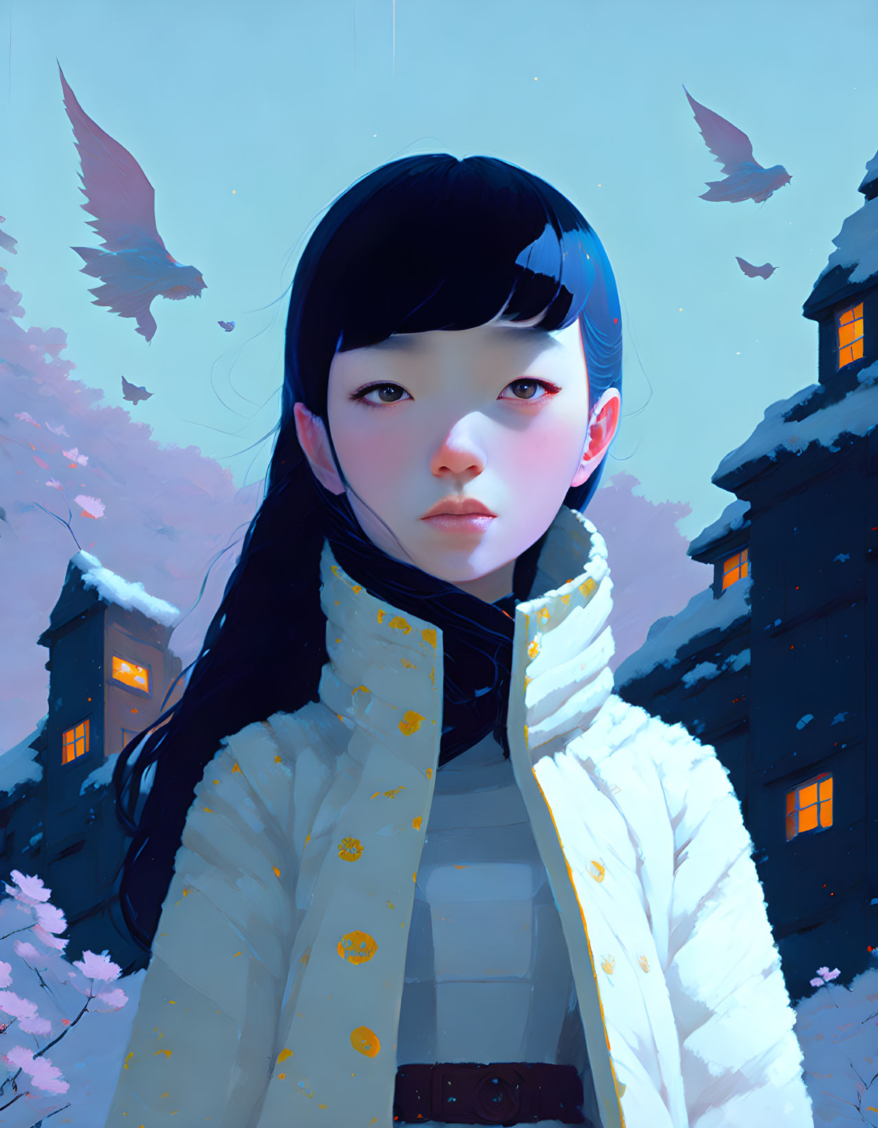 Digital artwork: Young woman in yellow jacket, dark hair, blue buildings, birds in snowy scene