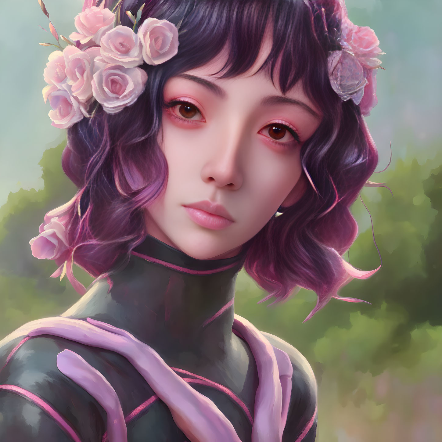 Detailed digital portrait of female with purple hair and floral adornments, featuring warm-toned eyes and delicate