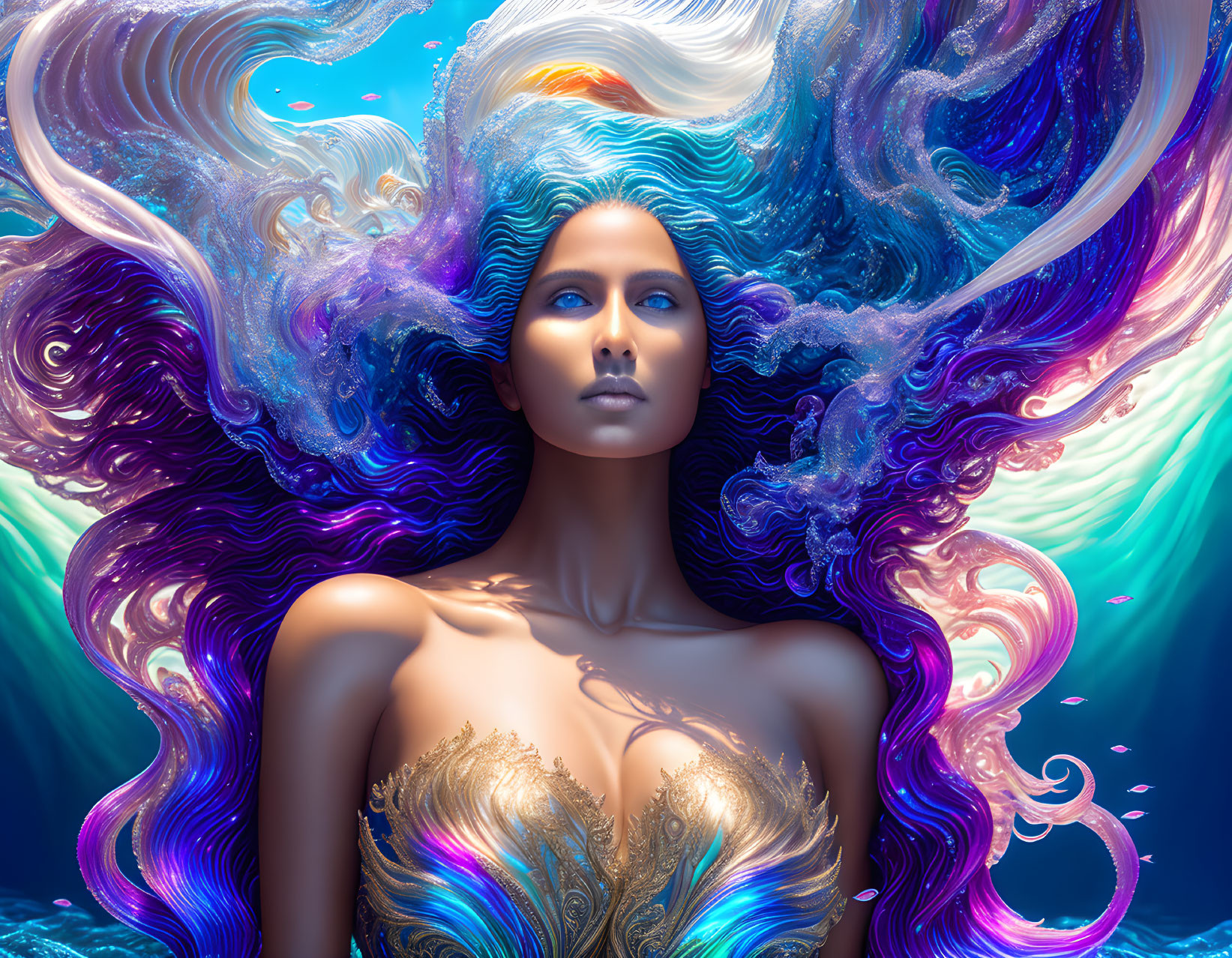 Vibrant blue, purple, and white hair woman on golden top against blue background