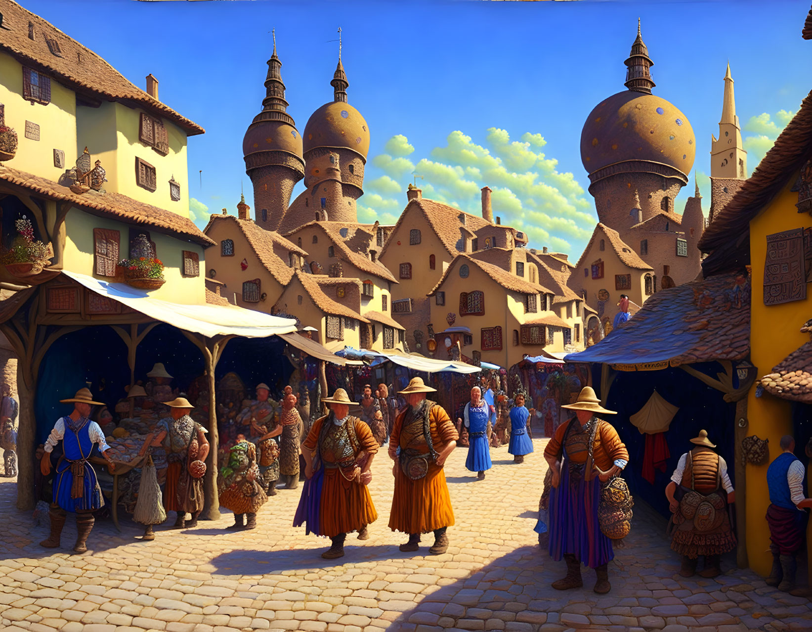 Medieval Marketplace with Townsfolk in Period Attire and Spherical Towers