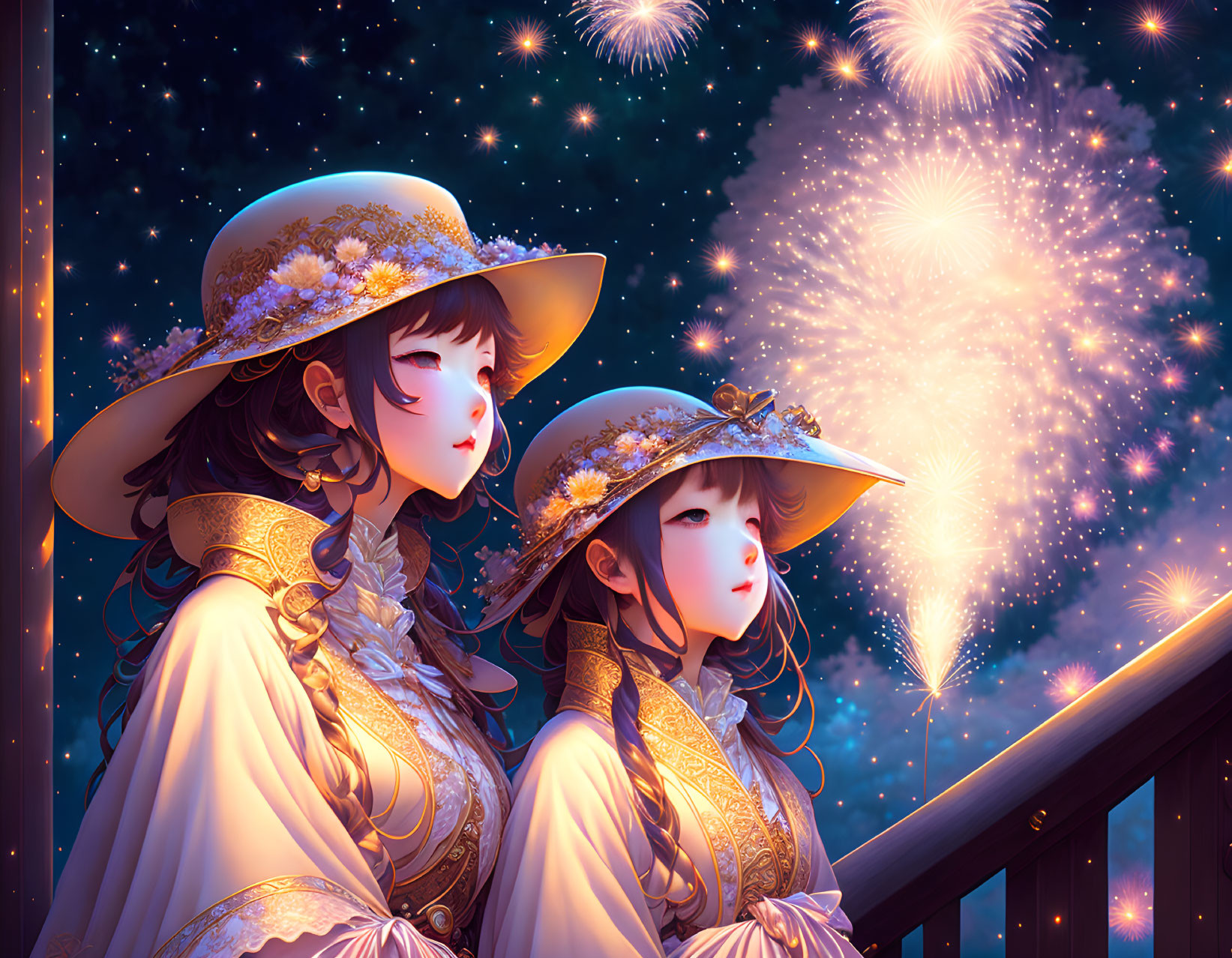 Two women in ornate hats watching fireworks in a starry night sky