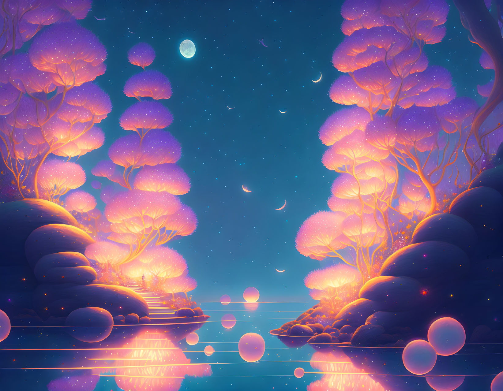 Nighttime landscape with glowing purple trees, calm water, stars, and crescent moons