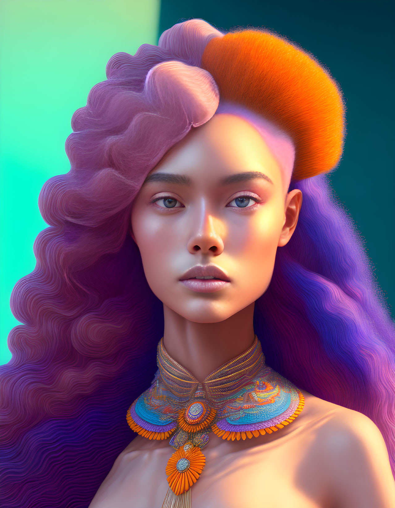 Vibrant digital portrait of woman with purple-orange hair and blue eyes.