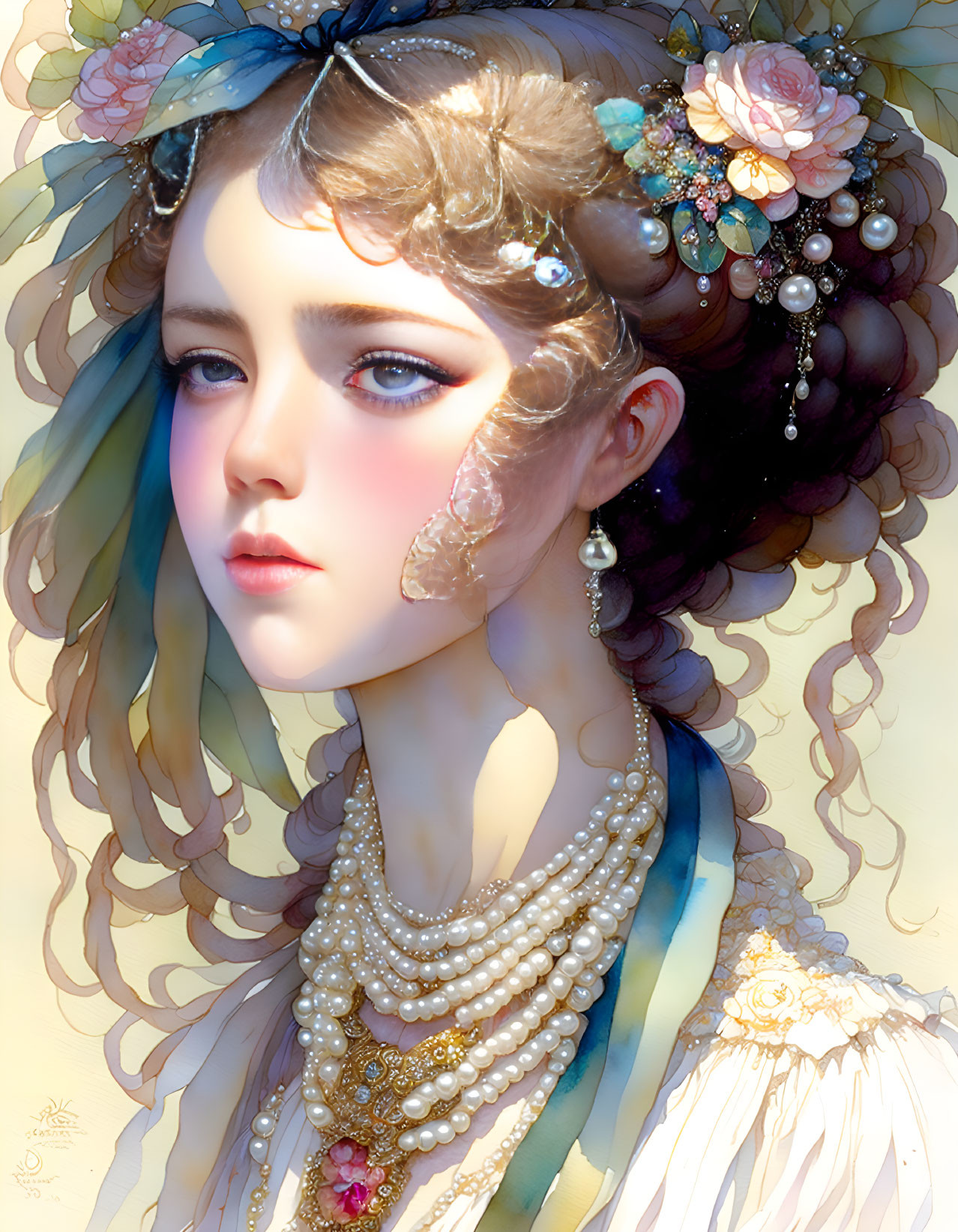 Illustrated portrait of woman with elaborate floral hairstyles and pearl jewelry