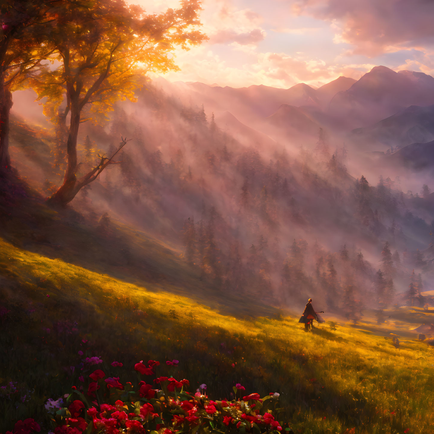 Sunlit forest clearing with mist, mountains, and vibrant flowers