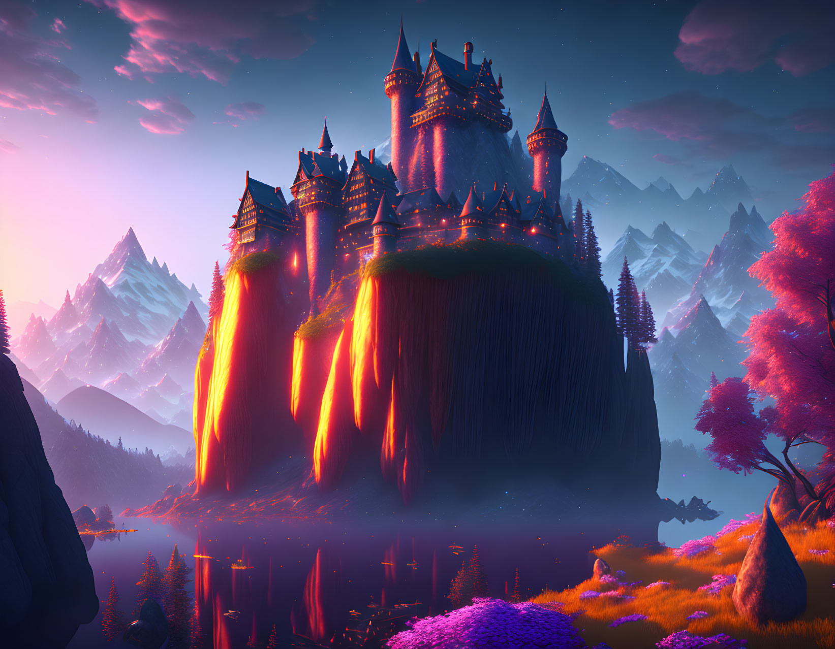 Fantasy castle on steep cliff with lava waterfalls under twilight sky