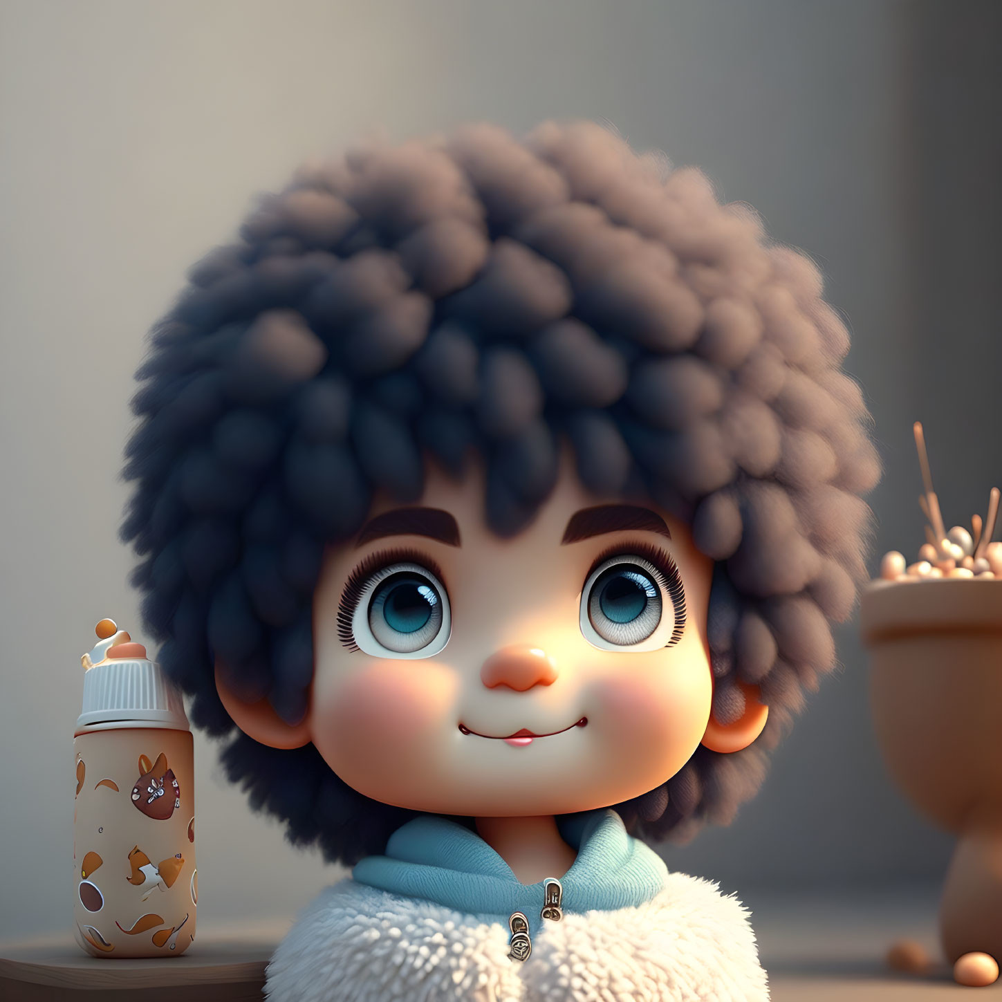 3D illustration of cute child character with blue eyes in blue hoodie