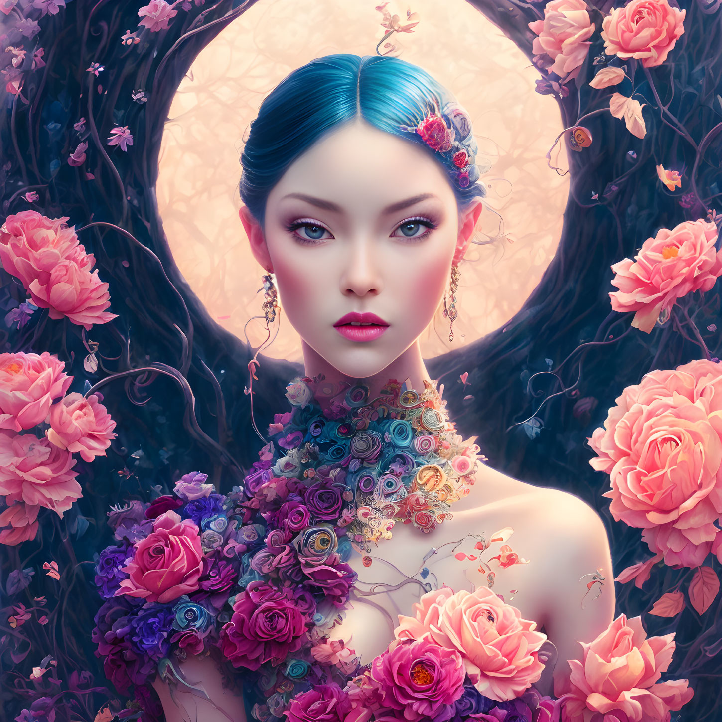 Digital artwork: Woman with blue hair in floral gown under fantasy rose arch