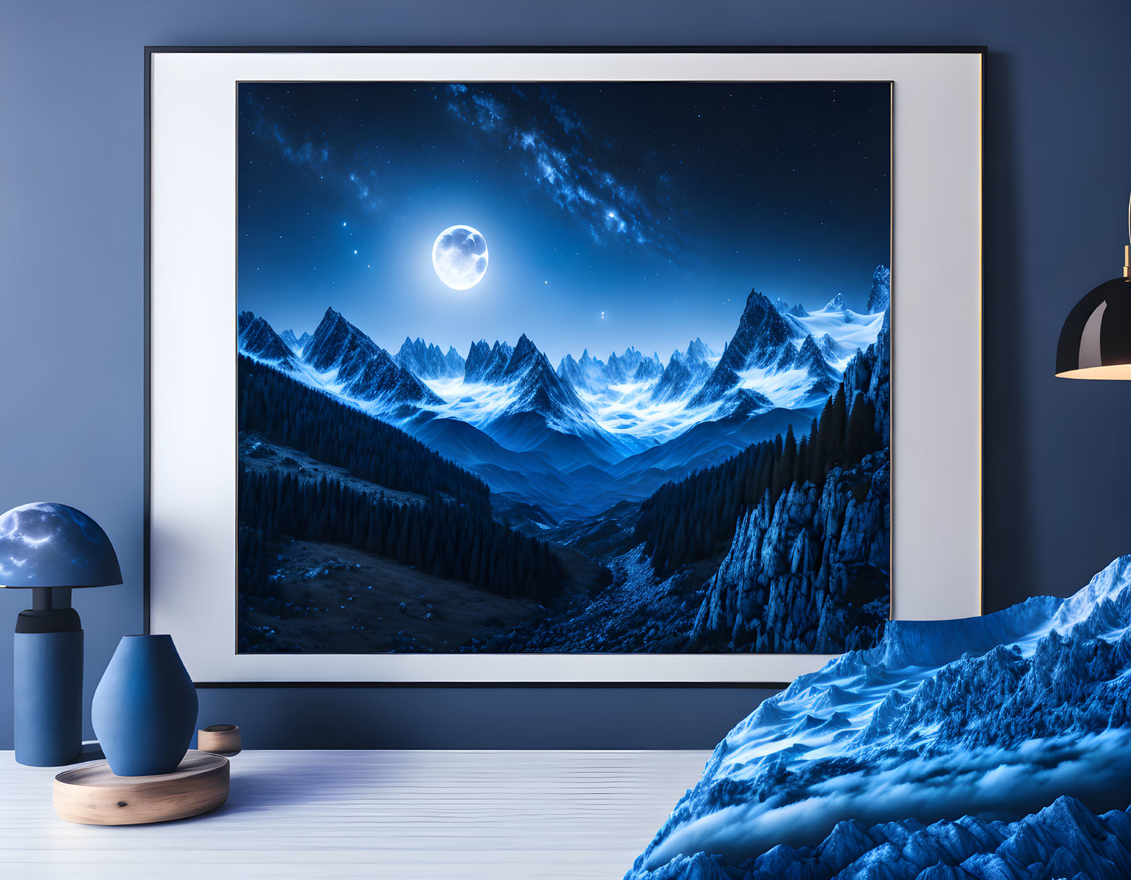 Moonlit mountain landscape above bed with blue bedding and nightstand decor