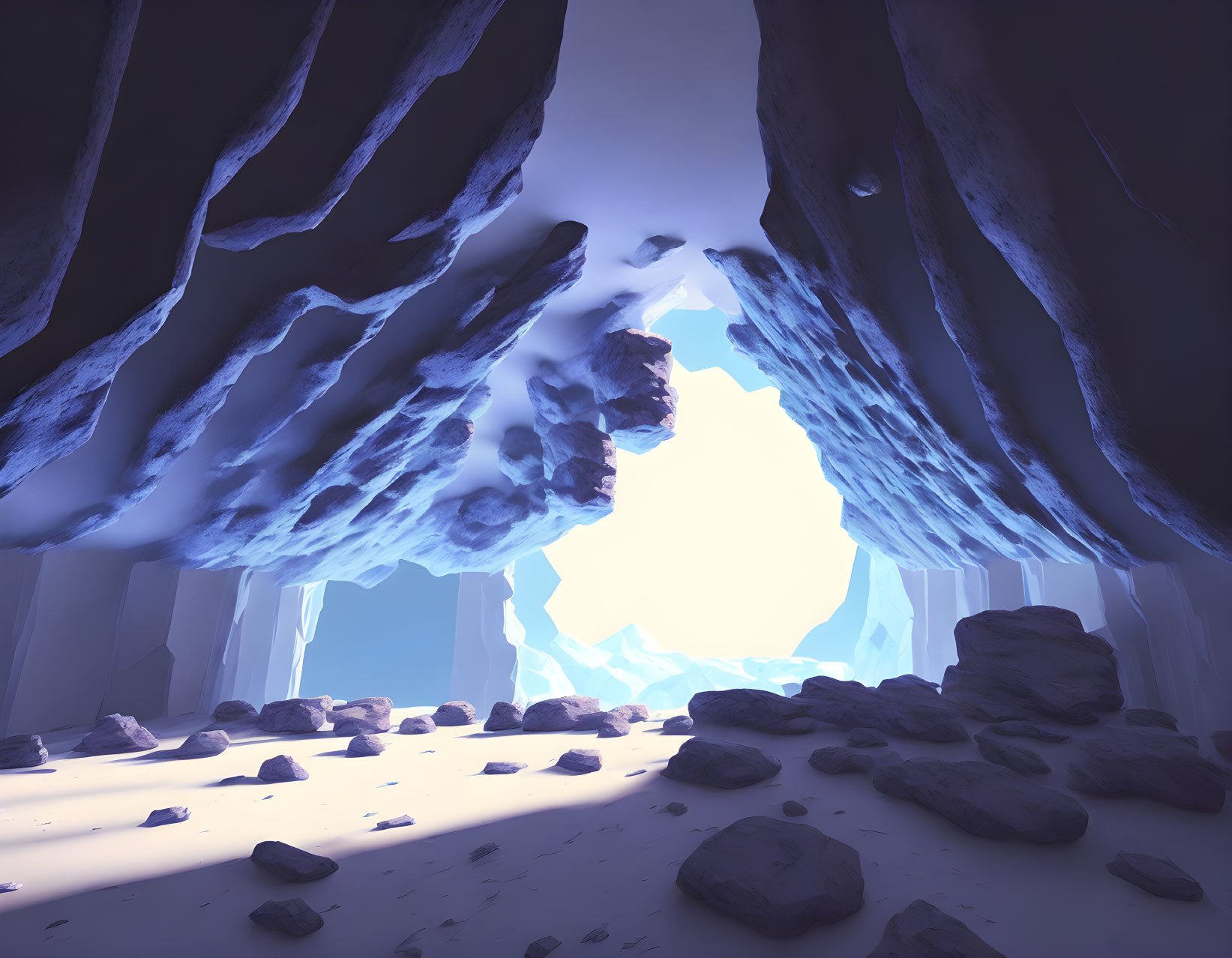 Digital art: Cavern with jagged ice formations and rocks under bright light