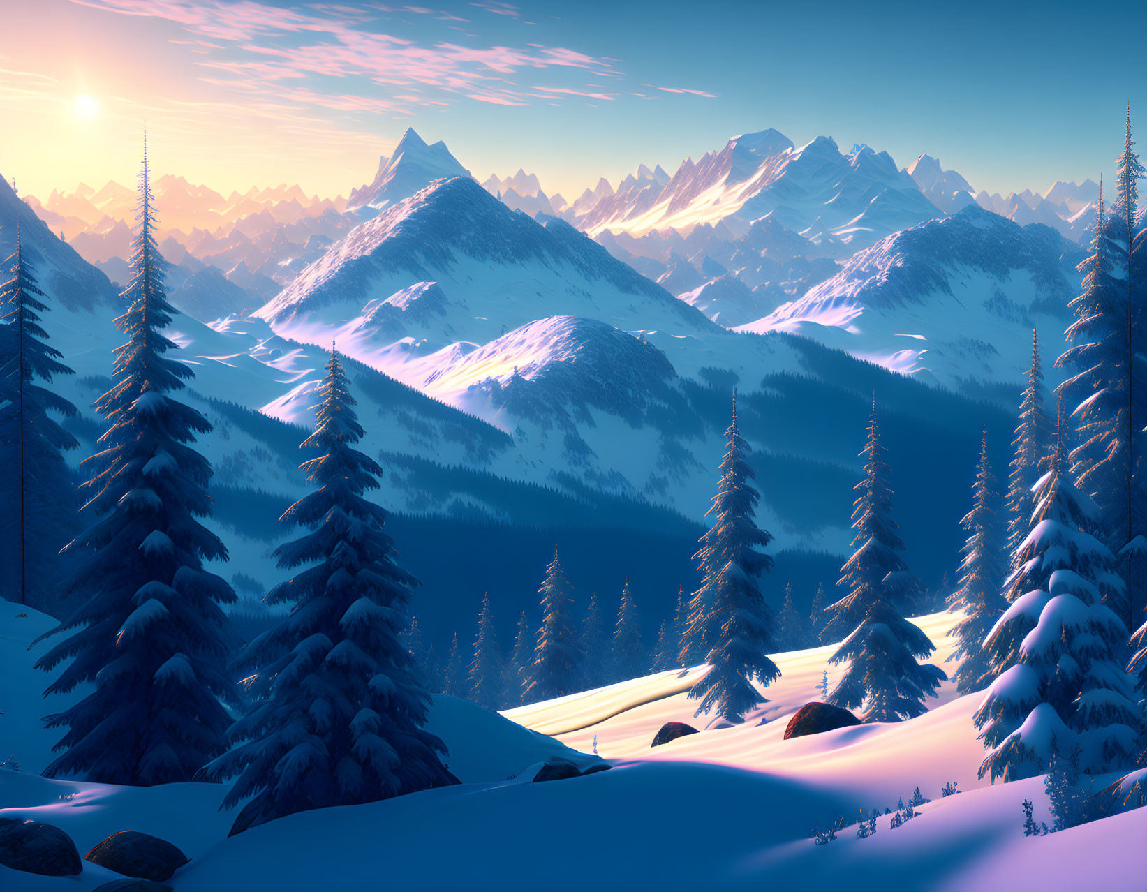 Snowy Mountains Winter Landscape at Sunrise