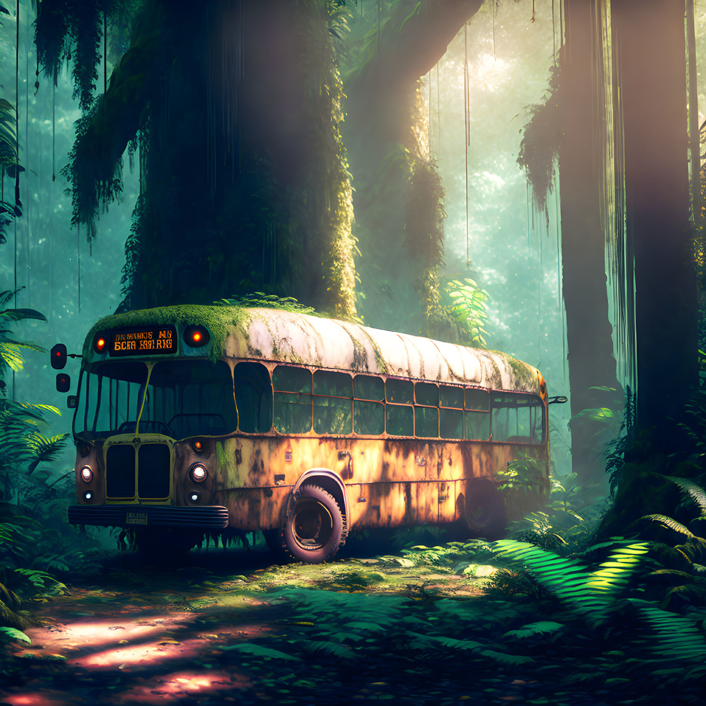 Abandoned school bus in lush greenery under ethereal sunlight