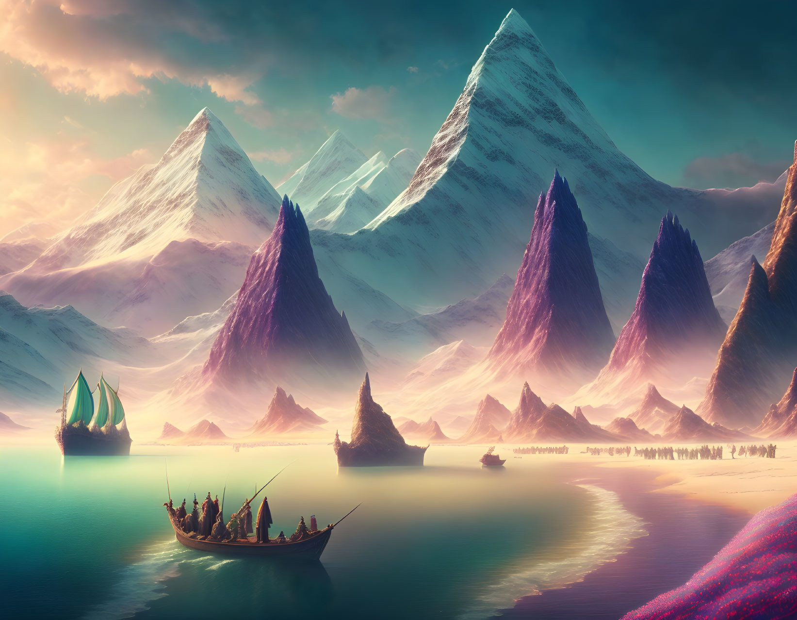 Tranquil fantasy landscape with sailboats, purple mountains, and serene waters