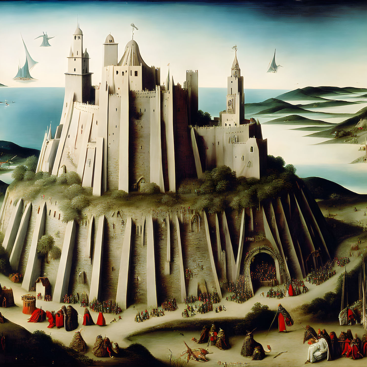 Medieval castle on rock surrounded by water and ships