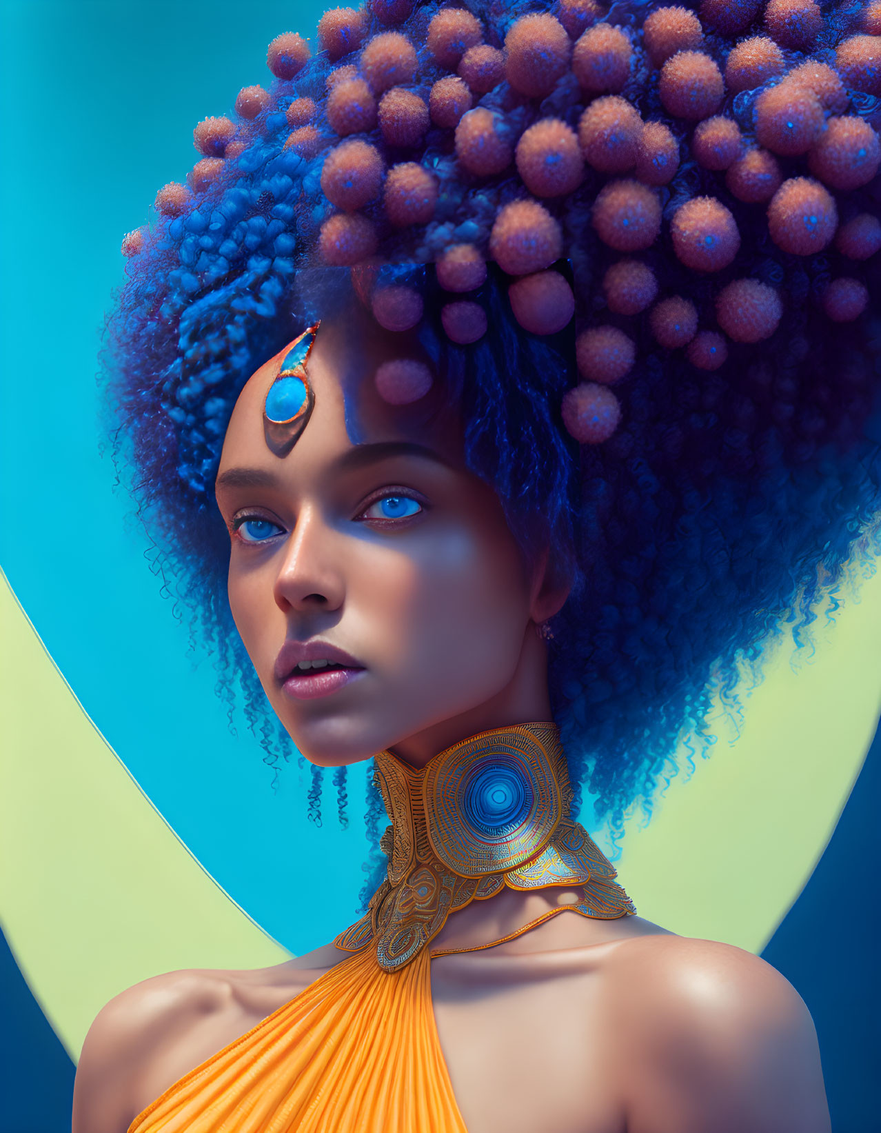 Portrait of Woman with Striking Blue Eyes and Intricate Golden Accessories
