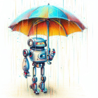 Colorful Umbrella-Wielding Robot in Rain Shower